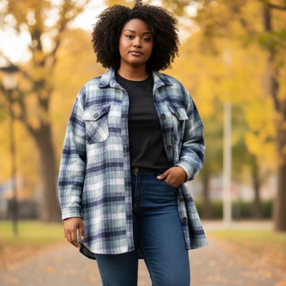 Jason Maxwell Shacket Blue/White/Green Plaid Utility Pockets in Size 2X NWT